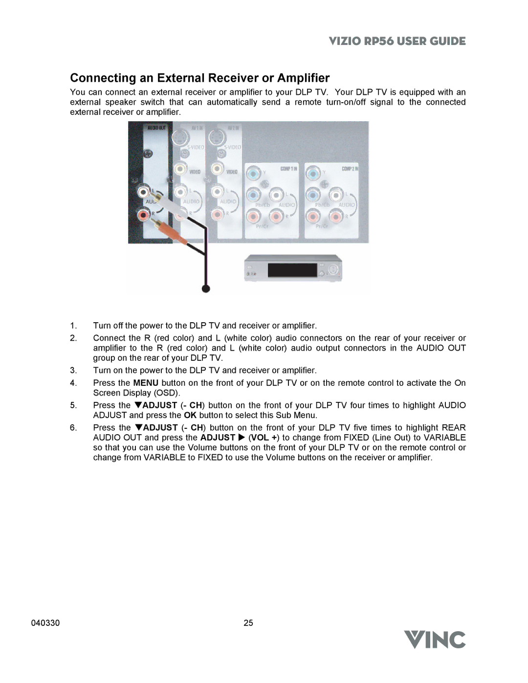 Vizio RP56 manual Connecting an External Receiver or Amplifier 