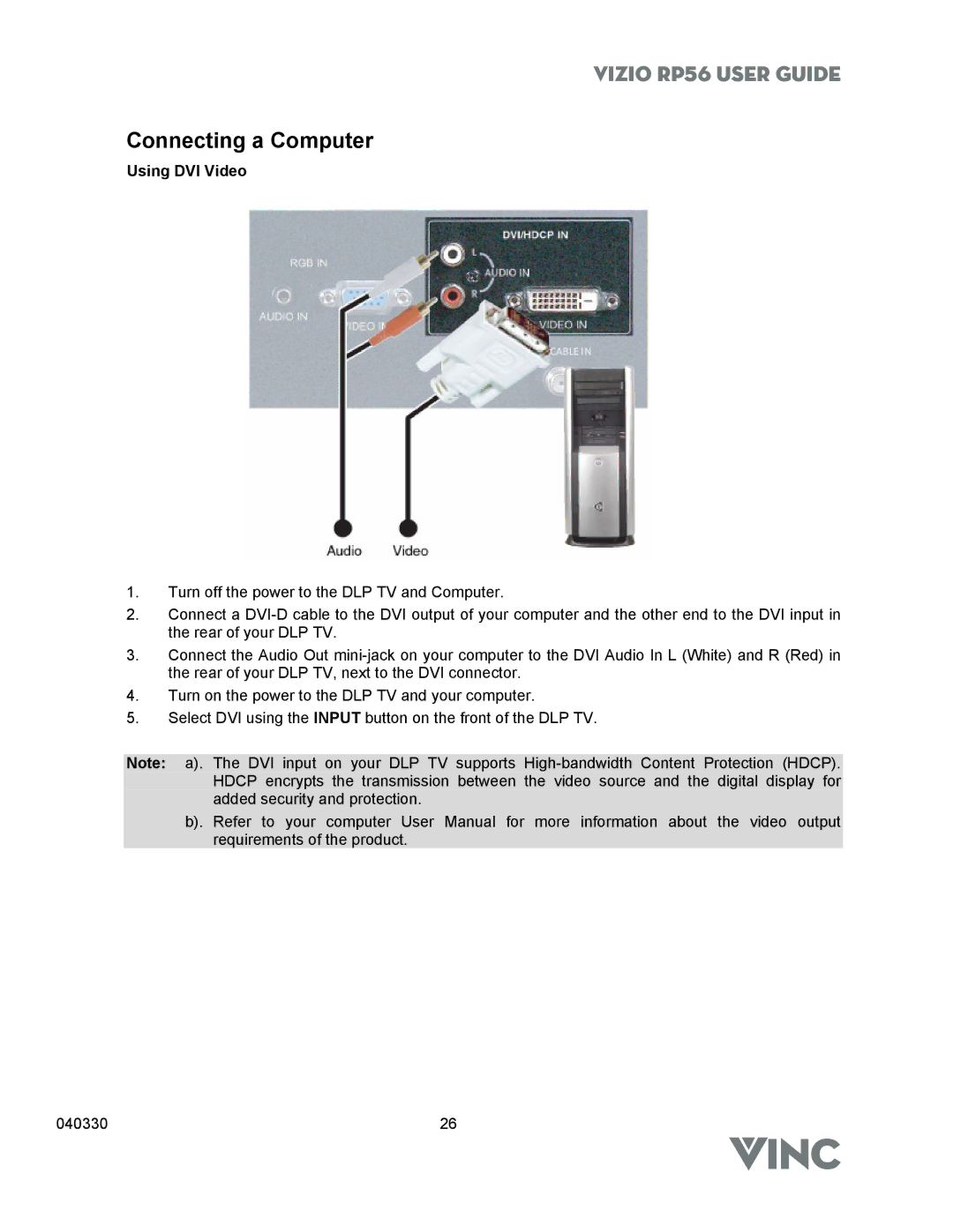 Vizio RP56 manual Connecting a Computer, Using DVI Video 