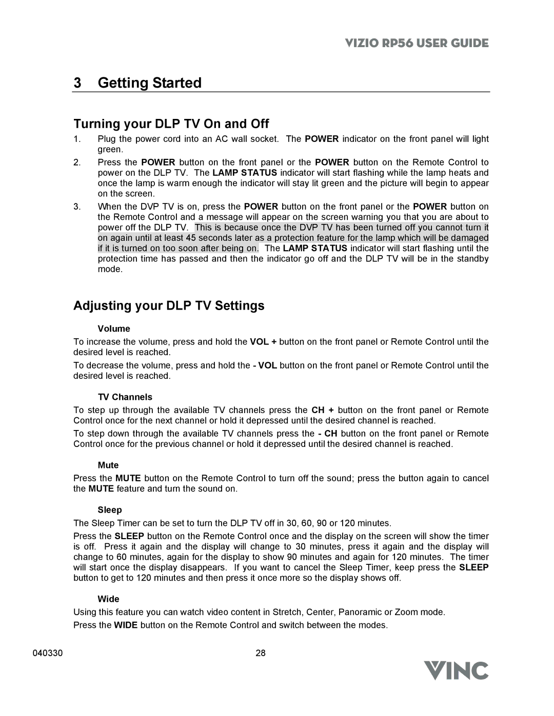 Vizio RP56 manual Turning your DLP TV On and Off, Adjusting your DLP TV Settings 