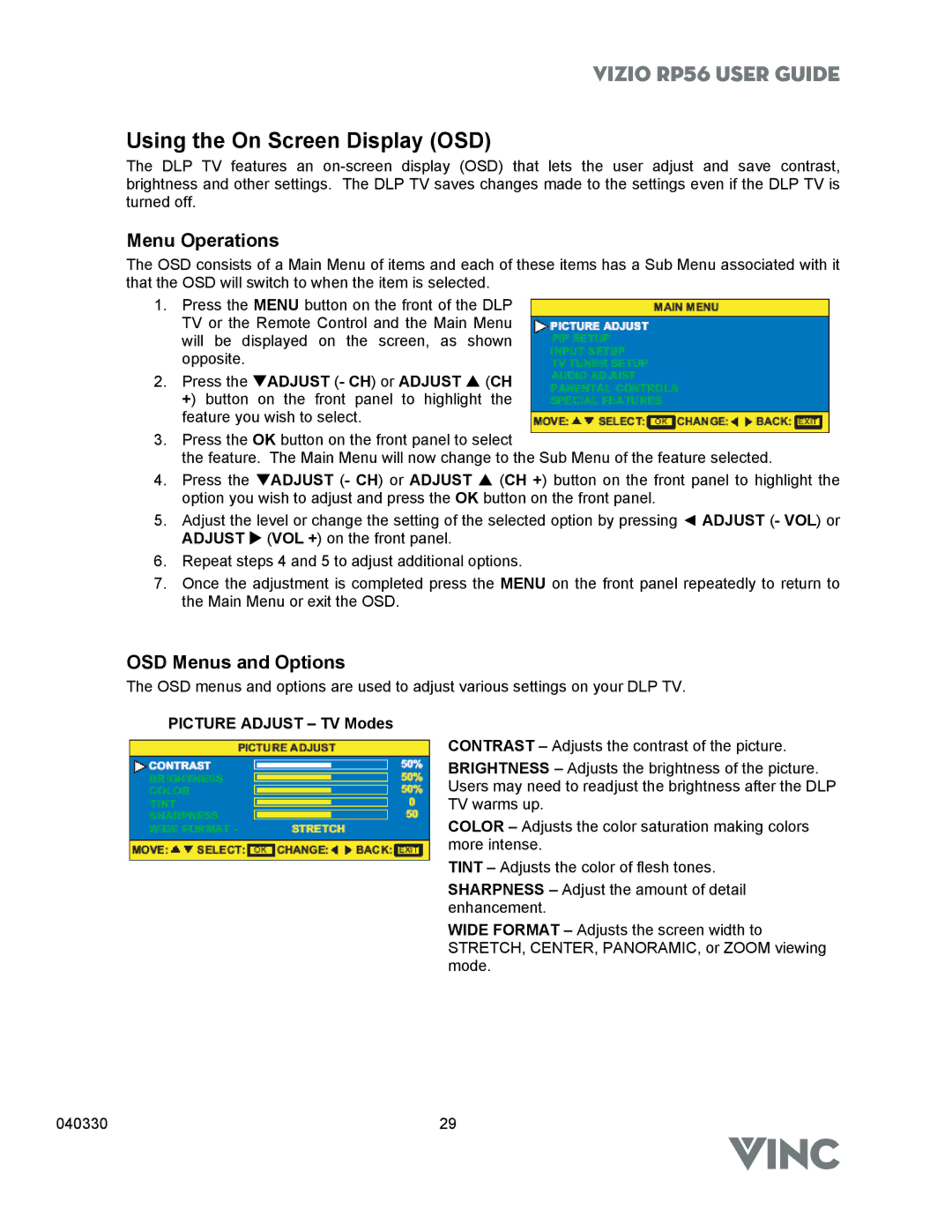 Vizio RP56 manual Using the On Screen Display OSD, Menu Operations, OSD Menus and Options, Picture Adjust TV Modes 