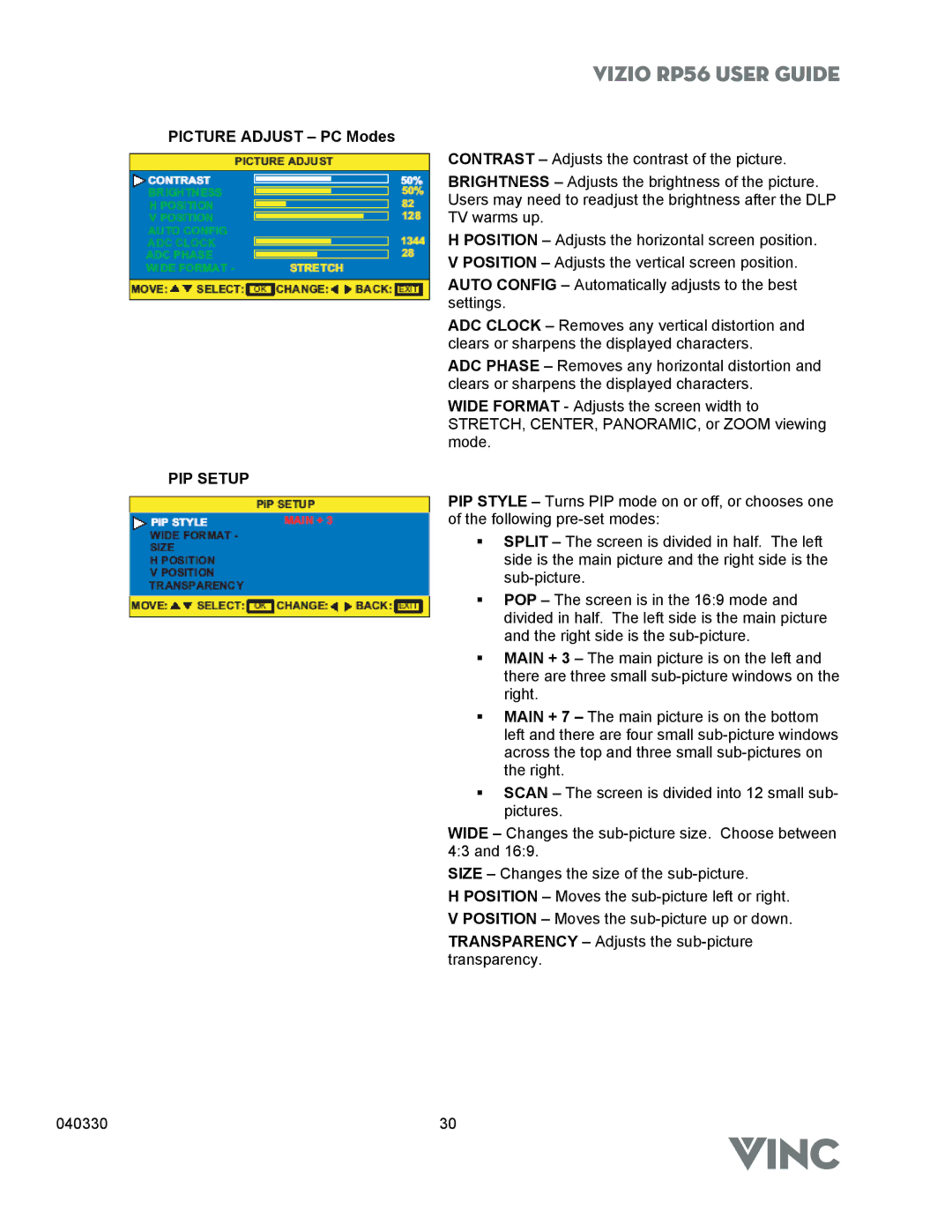 Vizio RP56 manual Picture Adjust PC Modes, PIP Setup 