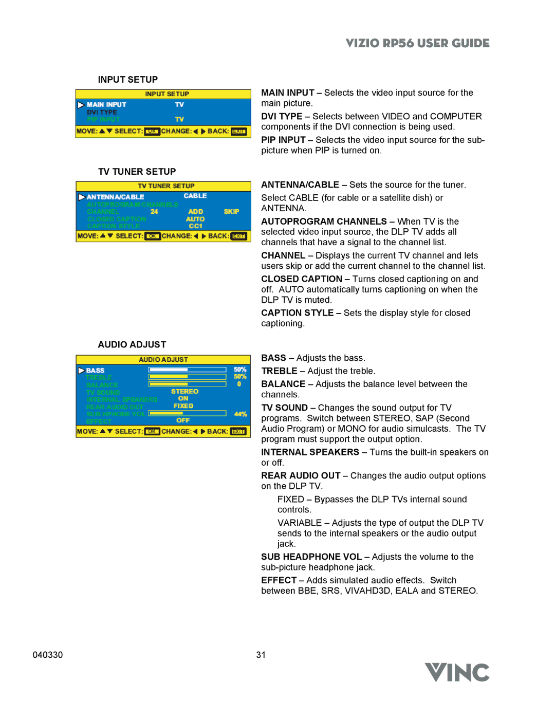 Vizio RP56 manual Input Setup, TV Tuner Setup, Audio Adjust 