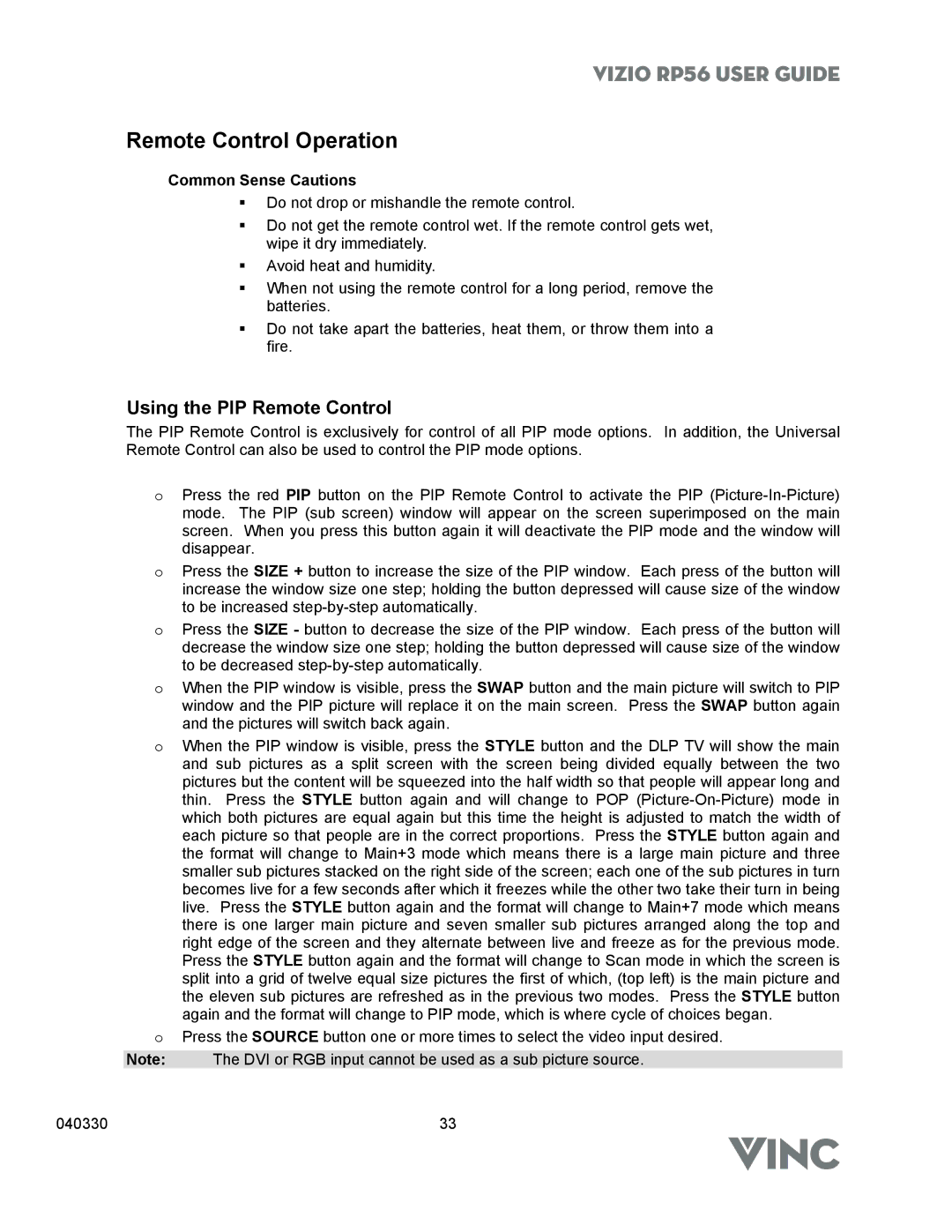 Vizio RP56 manual Remote Control Operation, Using the PIP Remote Control, Common Sense Cautions 