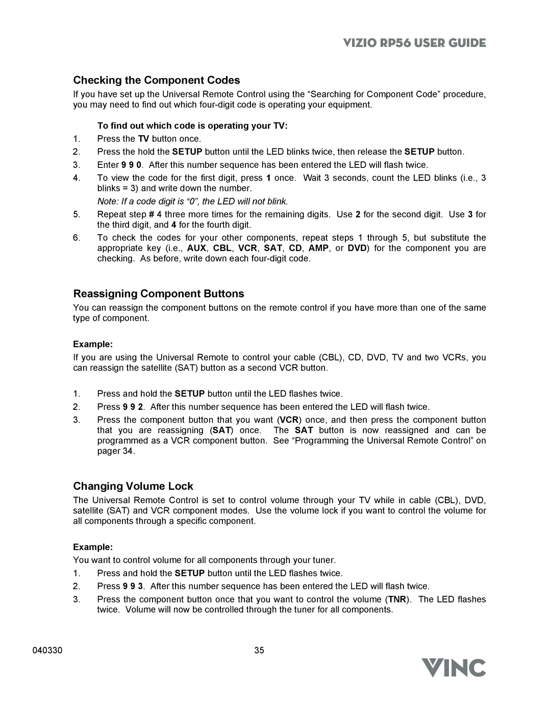 Vizio RP56 manual Checking the Component Codes, Reassigning Component Buttons, Changing Volume Lock, Example 