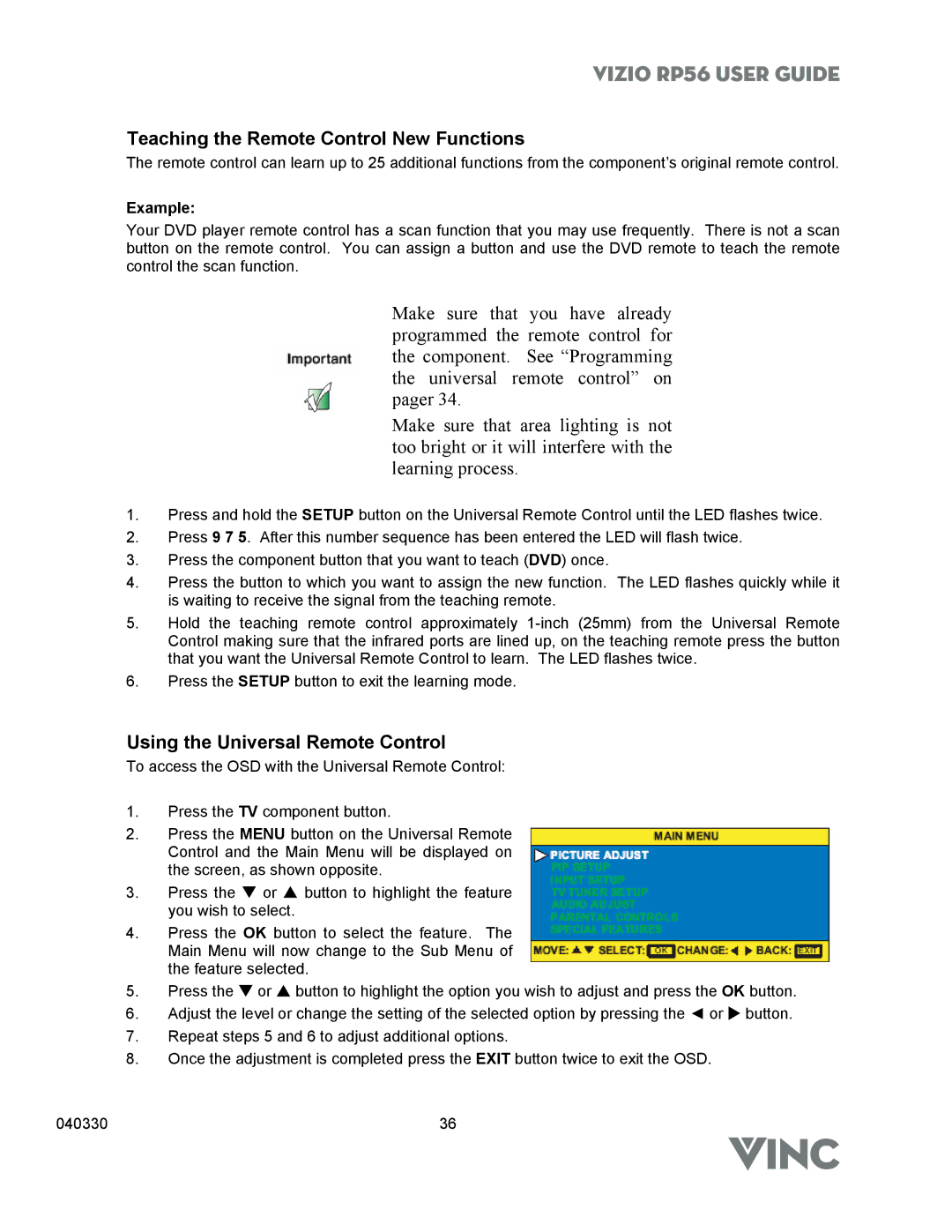 Vizio RP56 manual Teaching the Remote Control New Functions, Using the Universal Remote Control 