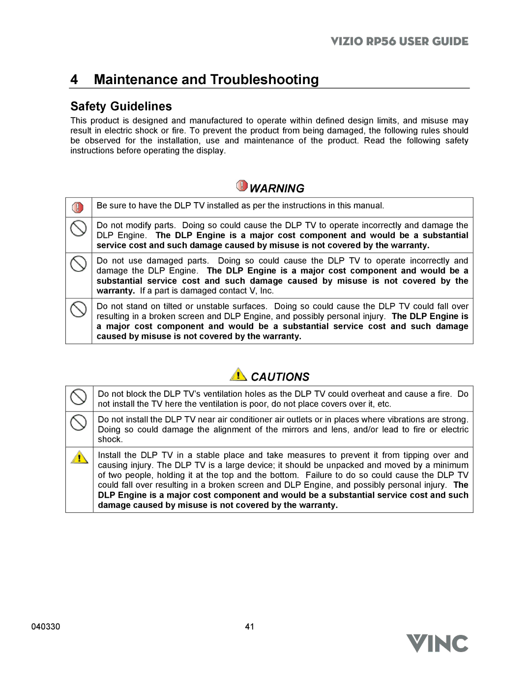 Vizio RP56 manual Maintenance and Troubleshooting, Safety Guidelines 