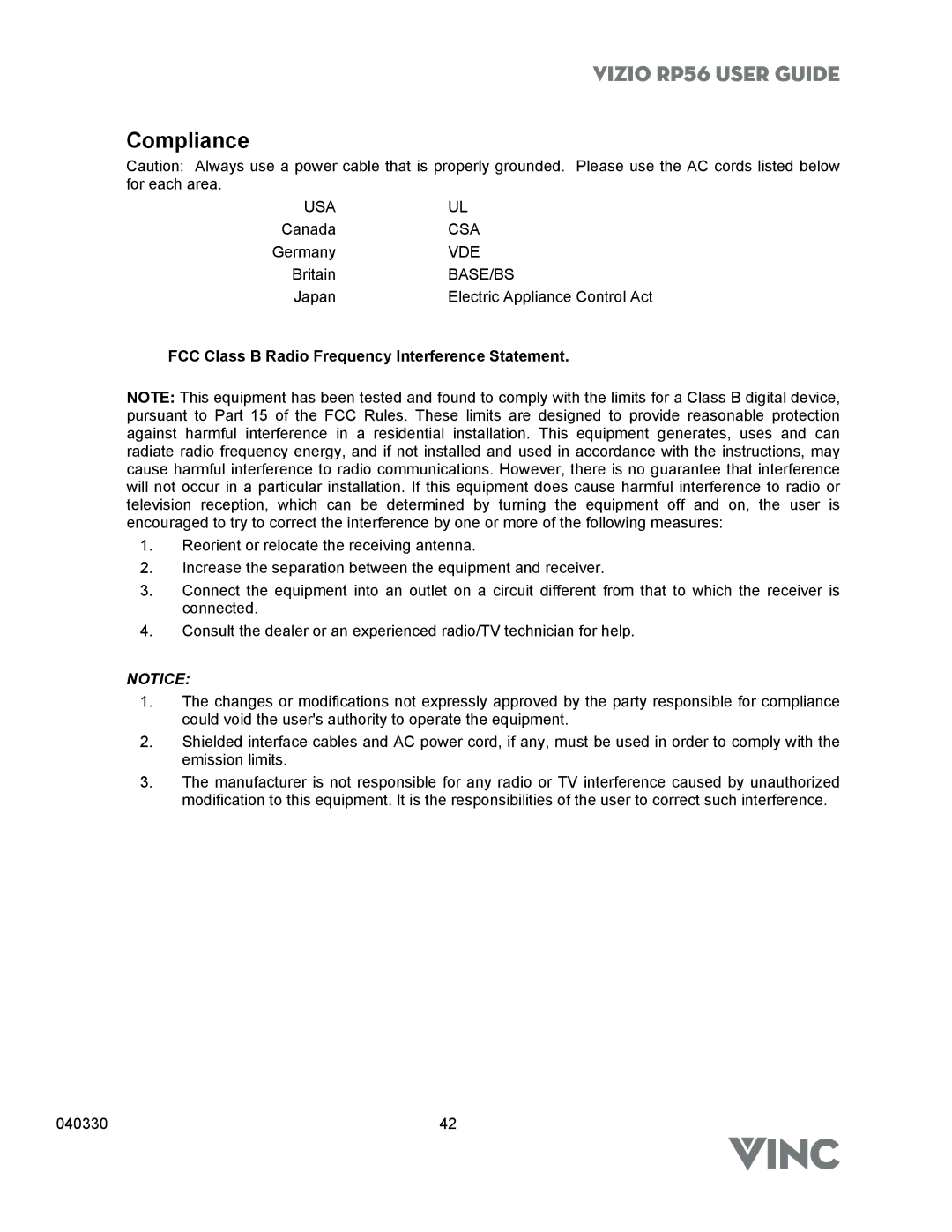 Vizio RP56 manual Compliance, FCC Class B Radio Frequency Interference Statement 