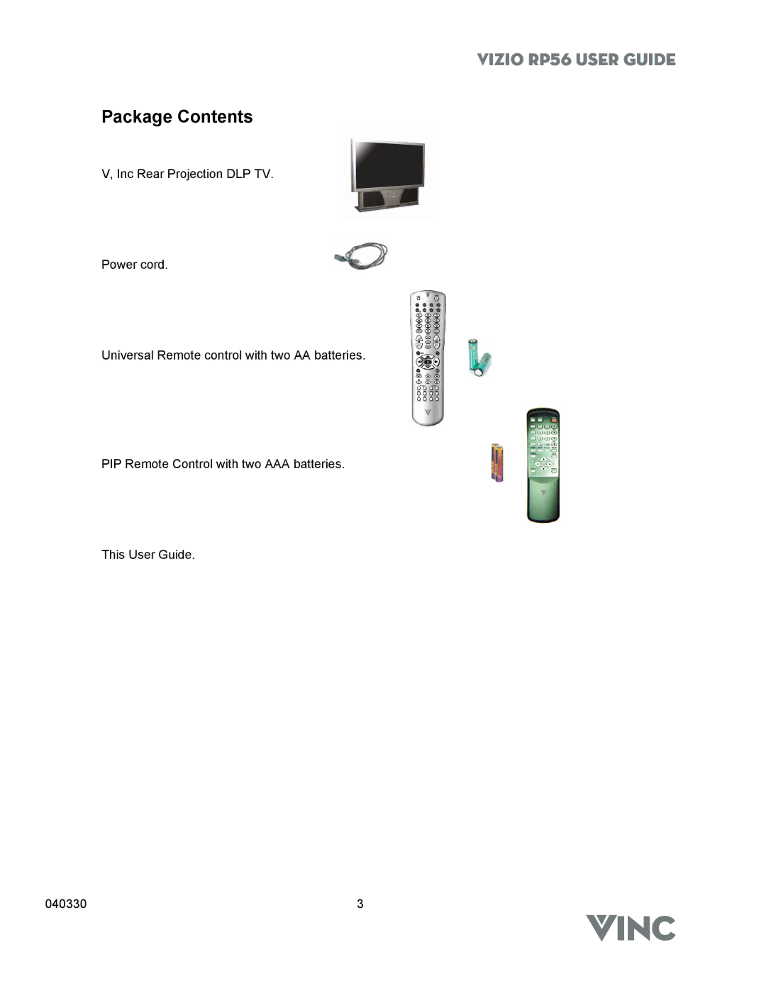 Vizio RP56 manual Package Contents 