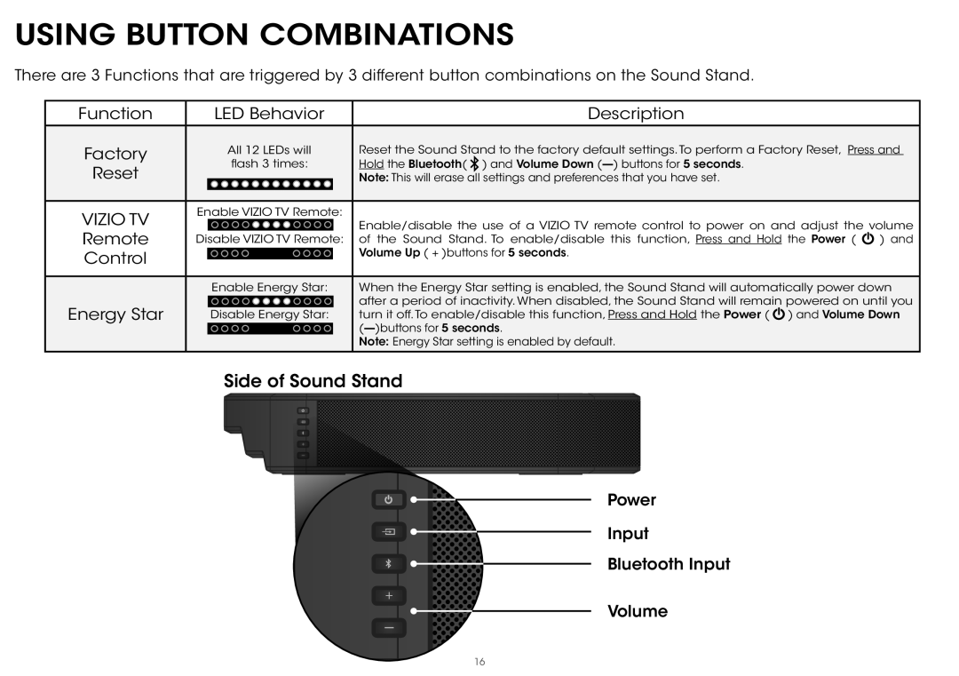 Vizio S2121w-D0 quick start Using Button Combinations, Vizio TV 