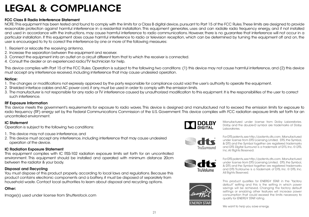 Vizio S2121w-D0 quick start Legal & Compliance 