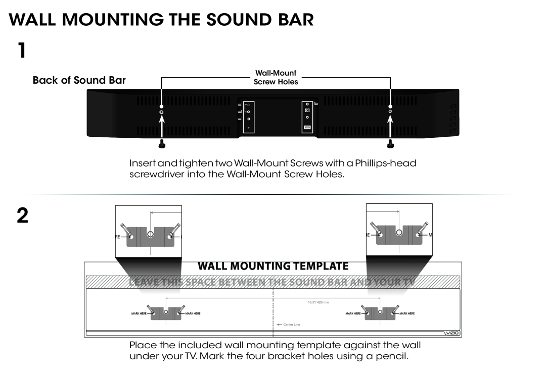 Vizio S2920WC0 quick start Wall Mounting The Sound Bar, Wall-MountScrew Holes 