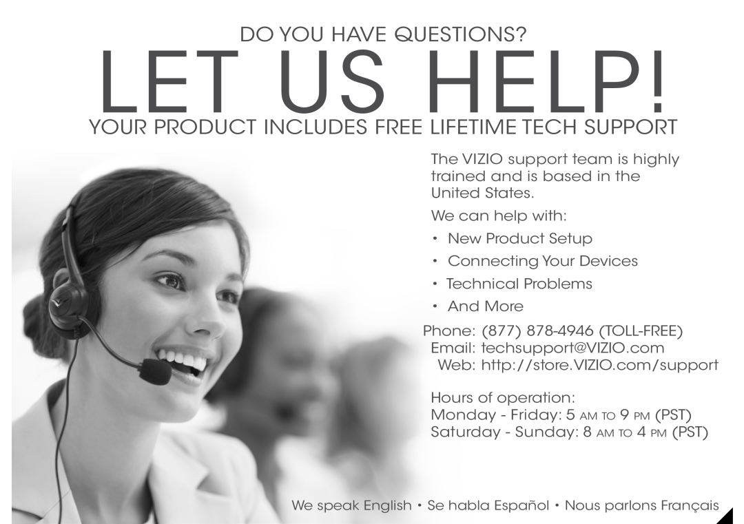 Vizio S2920WC0 quick start Let Us Help, Do You Have Questions?, Your Product Includes Free Lifetime Tech Support 