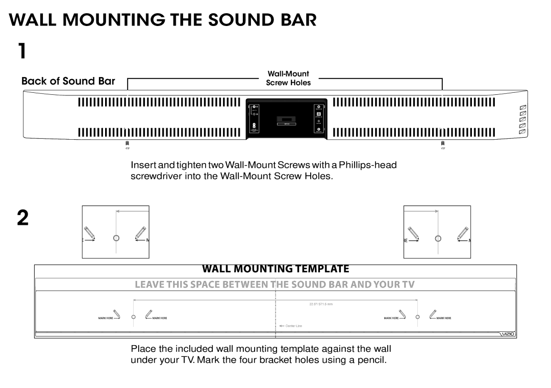 Vizio S3820WC0 quick start Wall Mounting the Sound BAR 