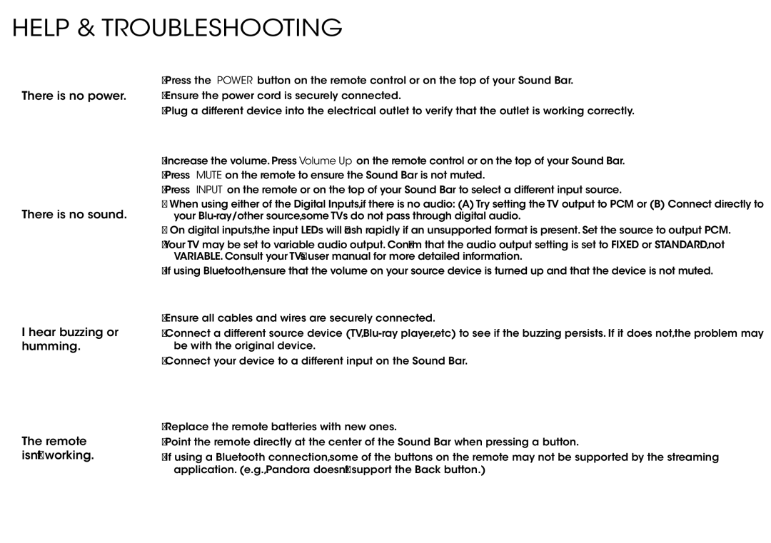 Vizio S3820WC0 quick start Help & Troubleshooting, Hear buzzing or 