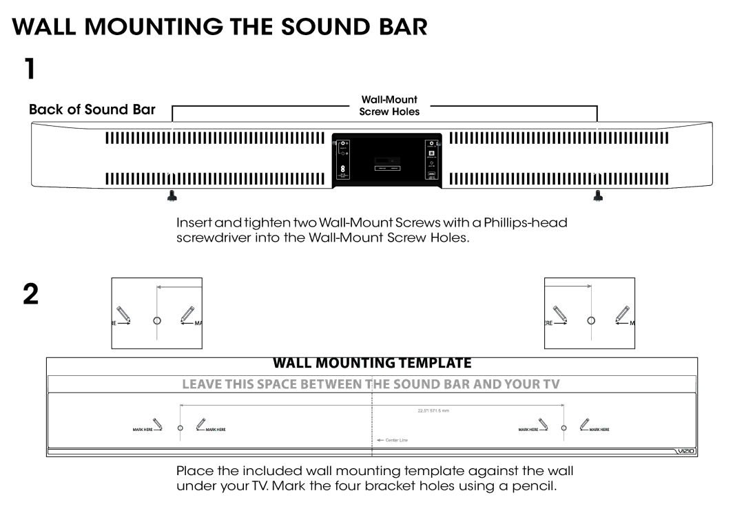 Vizio S3821WC0, S3821W-C0 quick start Wall Mounting the Sound BAR 