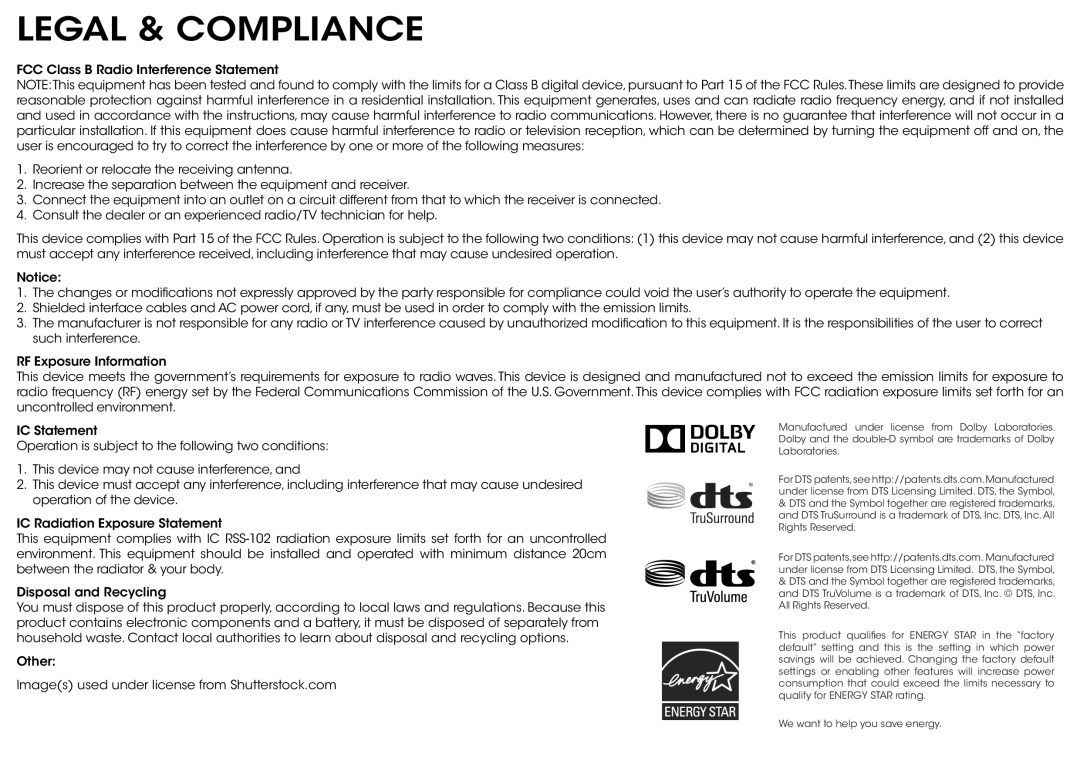 Vizio S3821WC0, S3821W-C0 quick start Legal & Compliance 