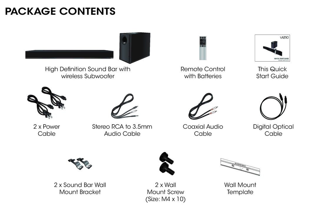 Vizio S3821WC0, S3821W-C0 quick start Package Contents 