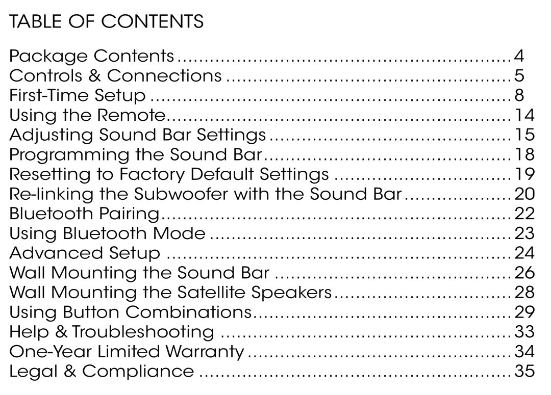 Vizio S3851w-D4 quick start Table of Contents 