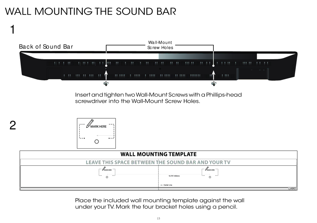 Vizio S4220w-E4 quick start Wall Mounting the Sound BAR 