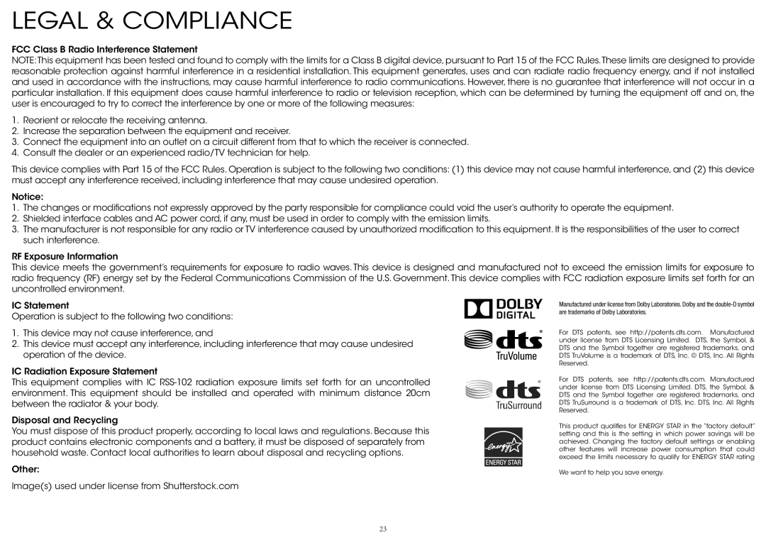 Vizio S4220w-E4 quick start Legal & Compliance 