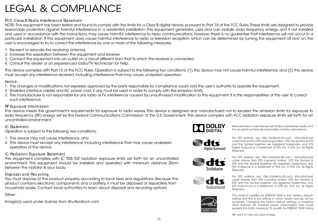 Vizio S4221w-C4 quick start Legal & Compliance 