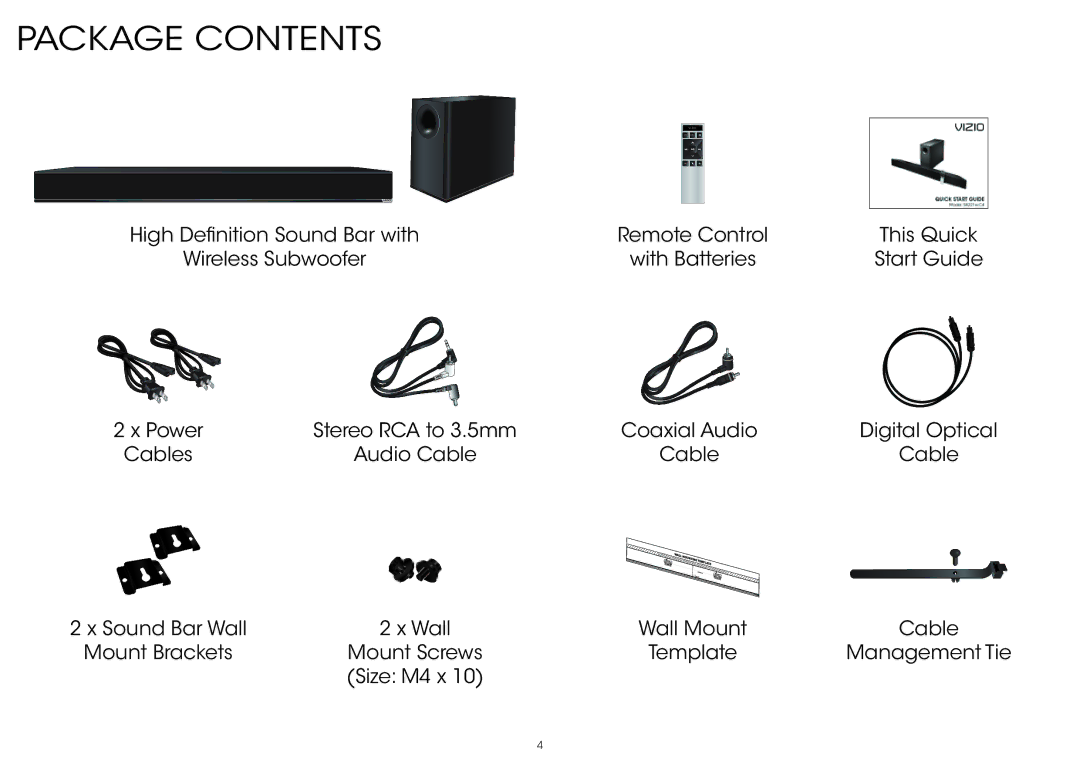 Vizio S4221w-C4 quick start Package Contents 