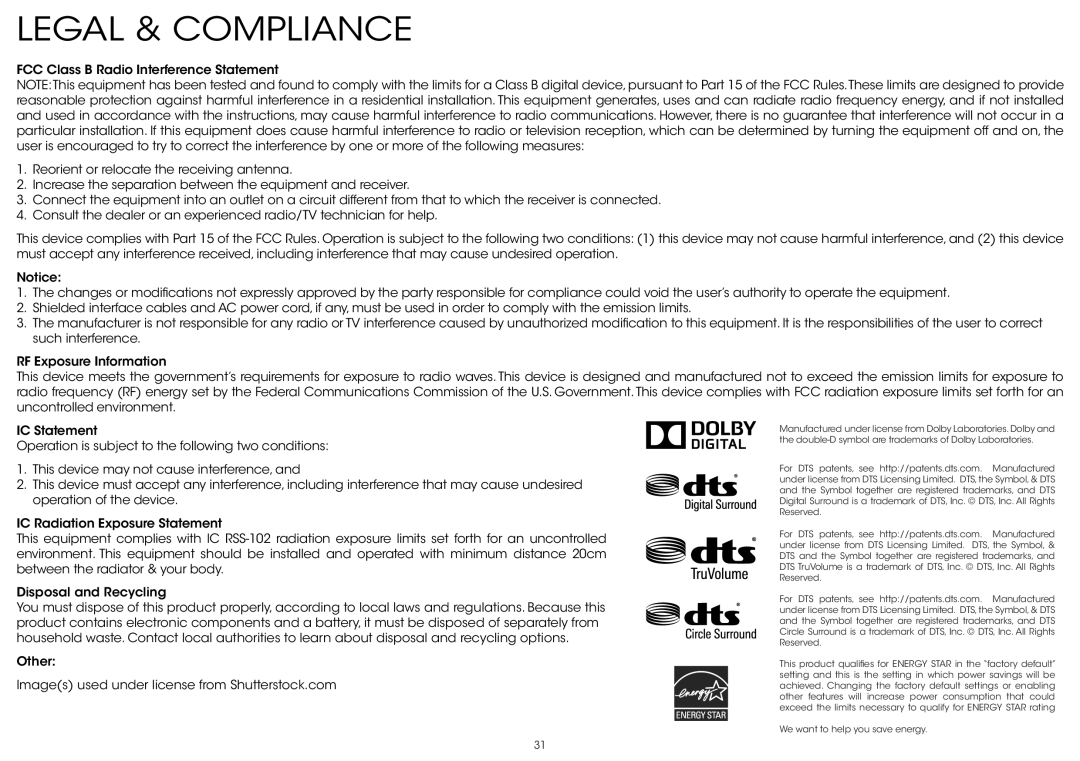 Vizio S4251W-B4, S4251WB4 quick start Legal & Compliance 