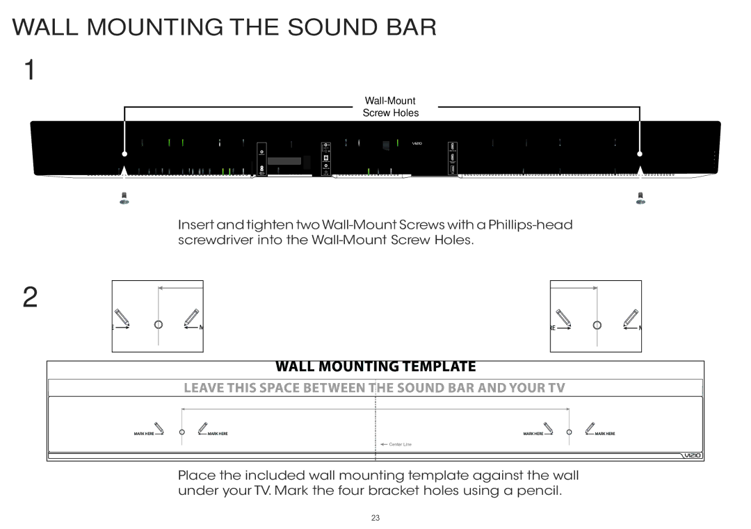 Vizio S5430w-C2 quick start Wall Mounting the Sound BAR 