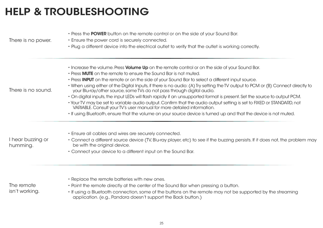 Vizio S5430w-C2 quick start Help & Troubleshooting, Hear buzzing or 