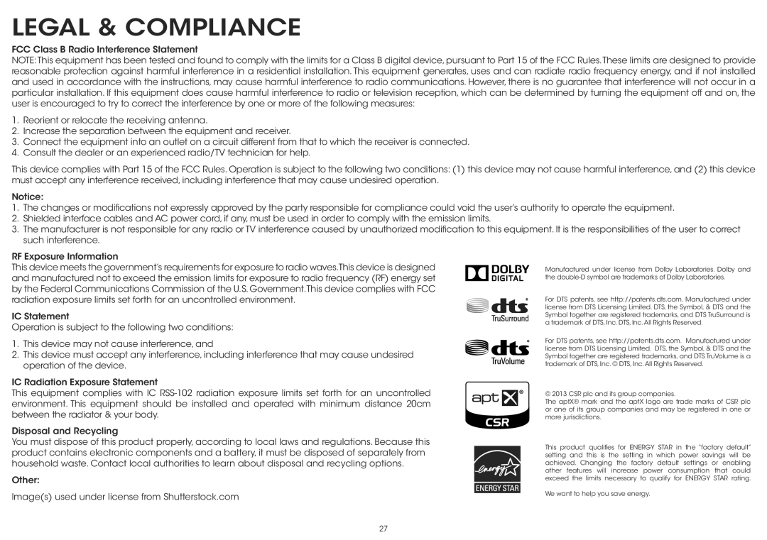 Vizio S5430w-C2 quick start Legal & Compliance 