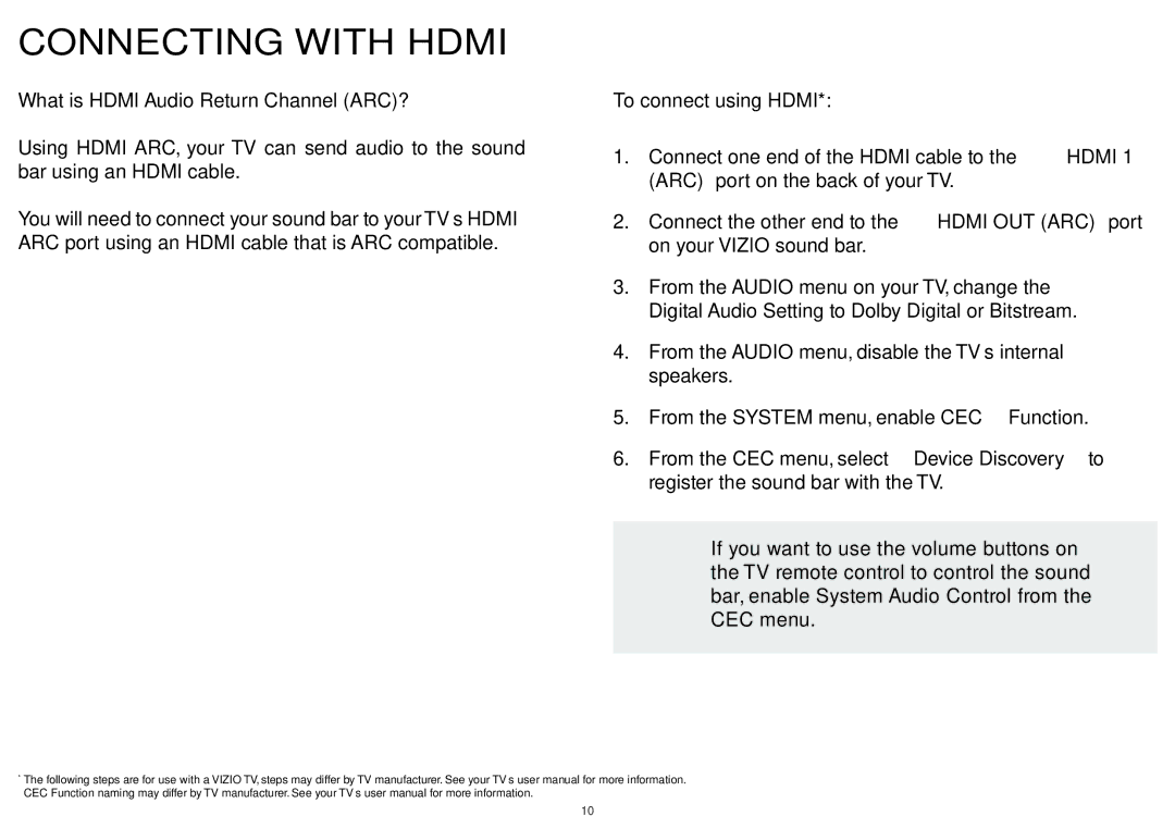 Vizio S5451w-C2 quick start Connecting with Hdmi 