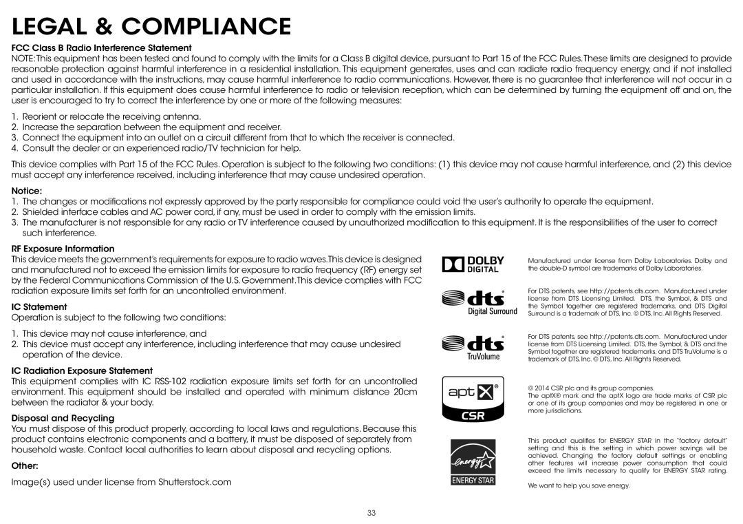 Vizio S5451w-C2 quick start Legal & Compliance 