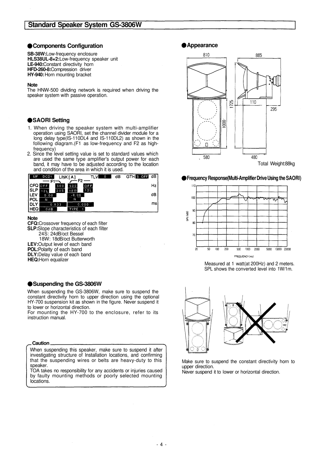 Vizio SB-38W Standard Speaker System GS-3806W, Components Configuration, Saori Setting, Suspending the GS-3806W 