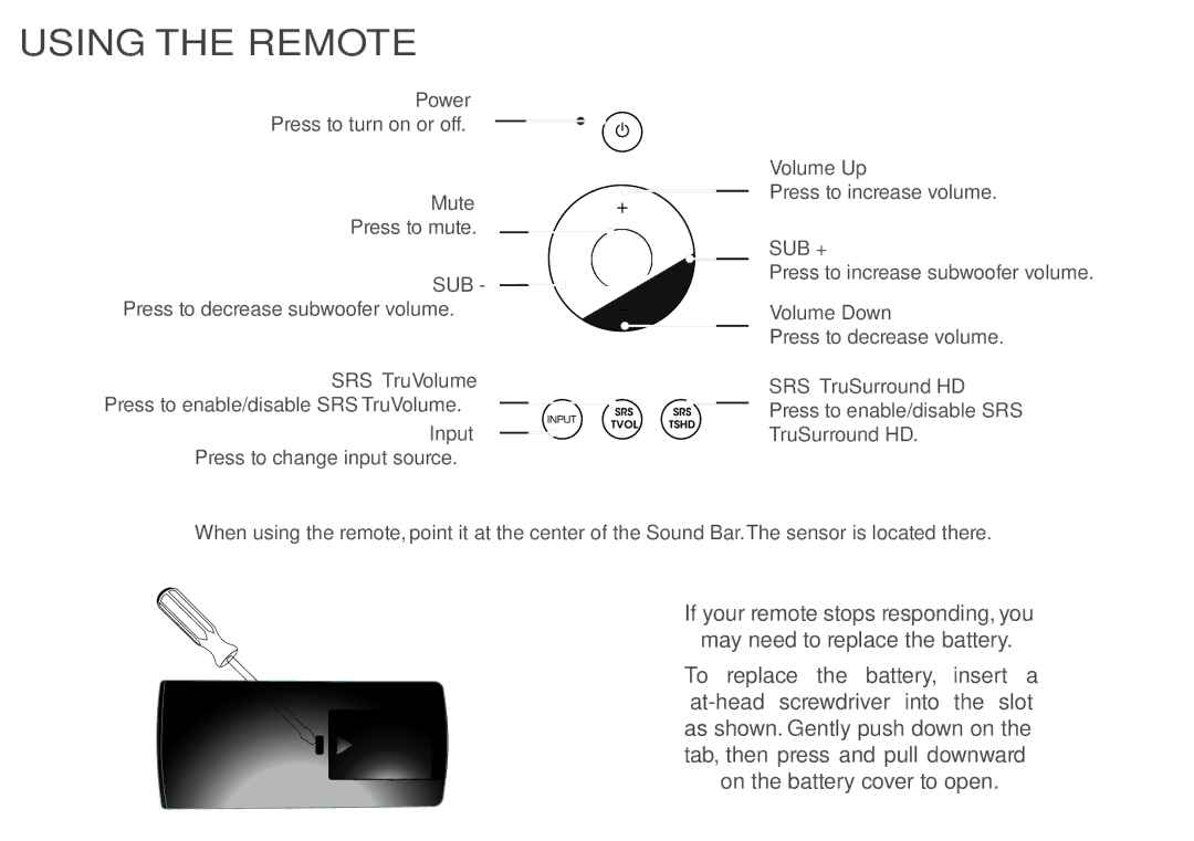 Vizio SB4020E-B0, SB4020EB0 quick start Using the Remote, Sub + 