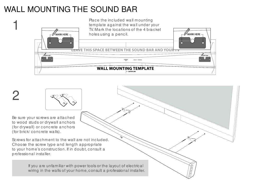 Vizio SB4020EB0, SB4020E-B0 quick start Wall Mounting the Sound BAR 