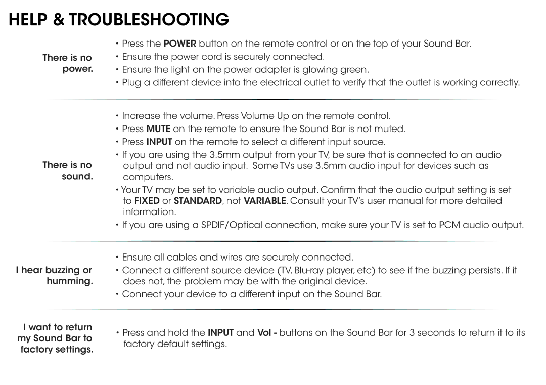 Vizio SB4020EB0, SB4020E-B0 quick start Help & Troubleshooting 