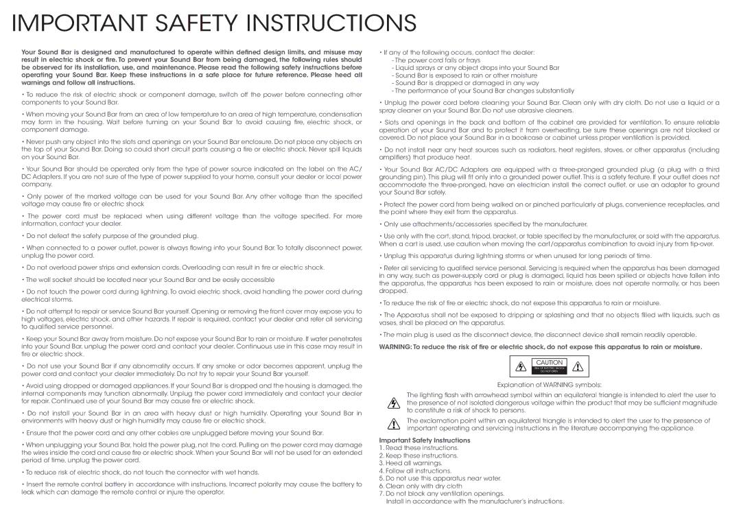 Vizio SB4020EB0, SB4020E-B0 quick start Important Safety Instructions 