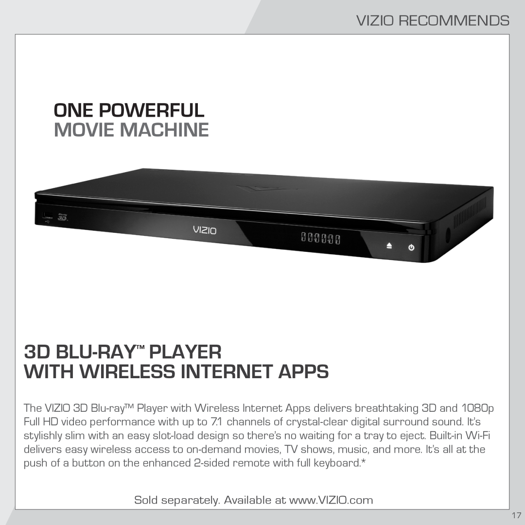 Vizio SB4020M-A0 quick start Movie Machine, One Powerful, 3D BLU-RAY PLAYER WITH WIRELESS INTERNET APPS, Vizio Recommends 