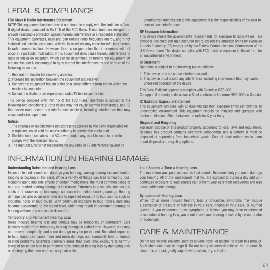 Vizio SB4020M-A0 quick start Legal & Compliance, Information On Hearing Damage, Care & Maintenance 