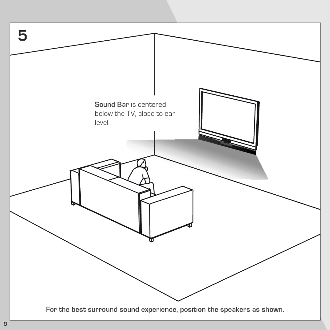 Vizio SB4020M-A0 quick start Sound Bar is centered below the TV, close to ear level 