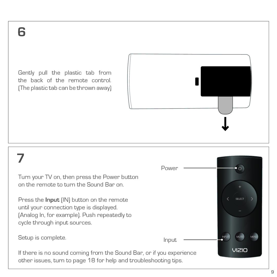 Vizio SB4020M-A0 quick start Power 