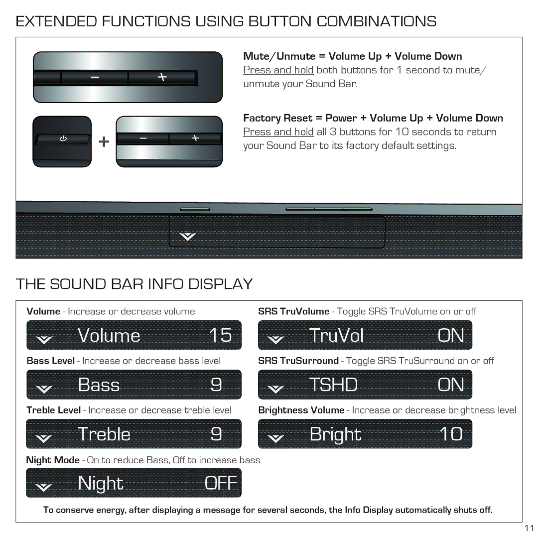 Vizio SB4020M-A0 quick start Extended Functions Using Button Combinations, Sound BAR Info Display 