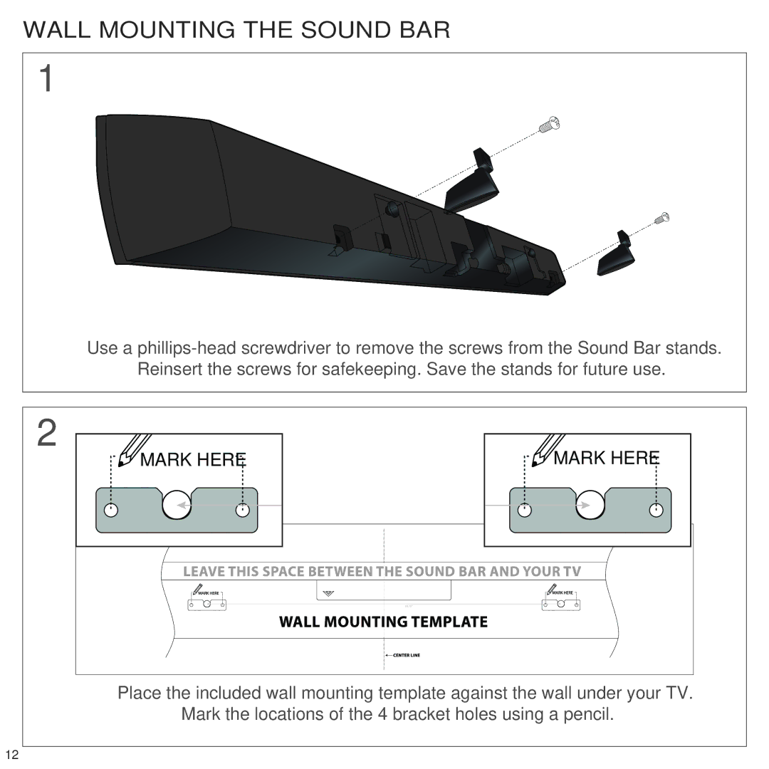 Vizio SB4020M-A0 quick start Wall Mounting the Sound BAR, Mark Here 