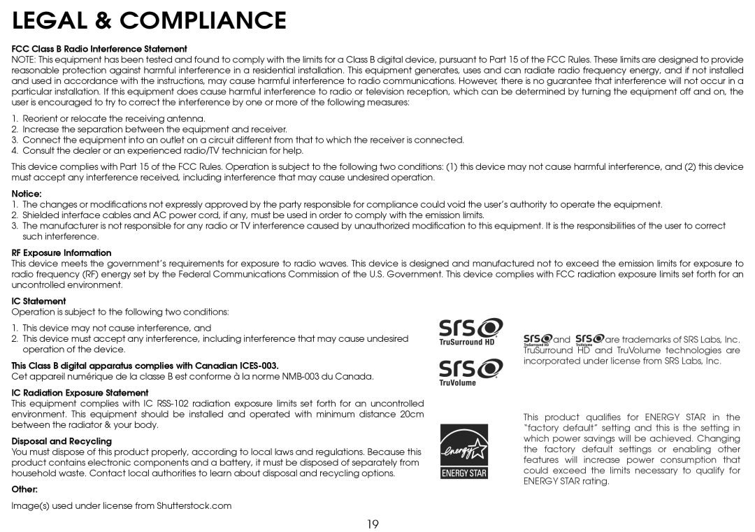 Vizio SB4020M-B0 quick start Legal & Compliance, FCC Class B Radio Interference Statement 