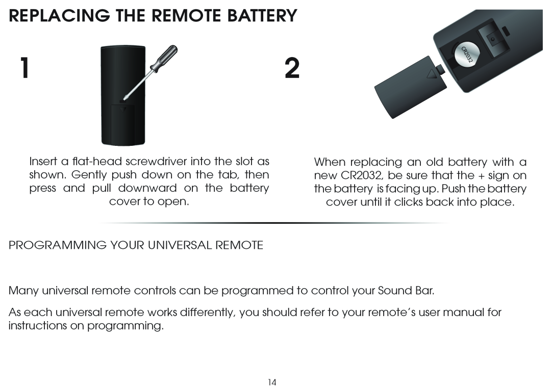 Vizio SB4020M-B0 quick start Replacing The Remote Battery 