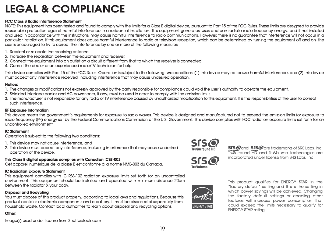 Vizio SB4020M-B0 Legal & Compliance, FCC Class B Radio Interference Statement, RF Exposure Information, IC Statement 