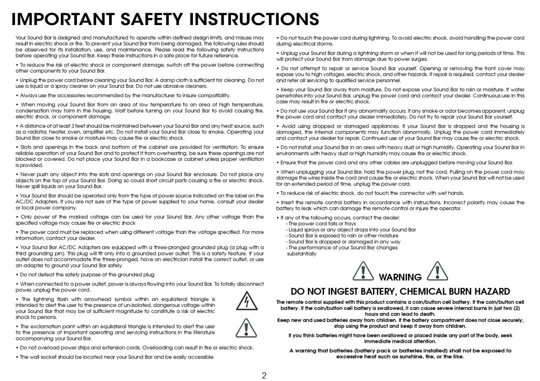Vizio SB4020M-B0 quick start Important Safety Instructions, Do Not Ingest Battery, Chemical Burn Hazard 