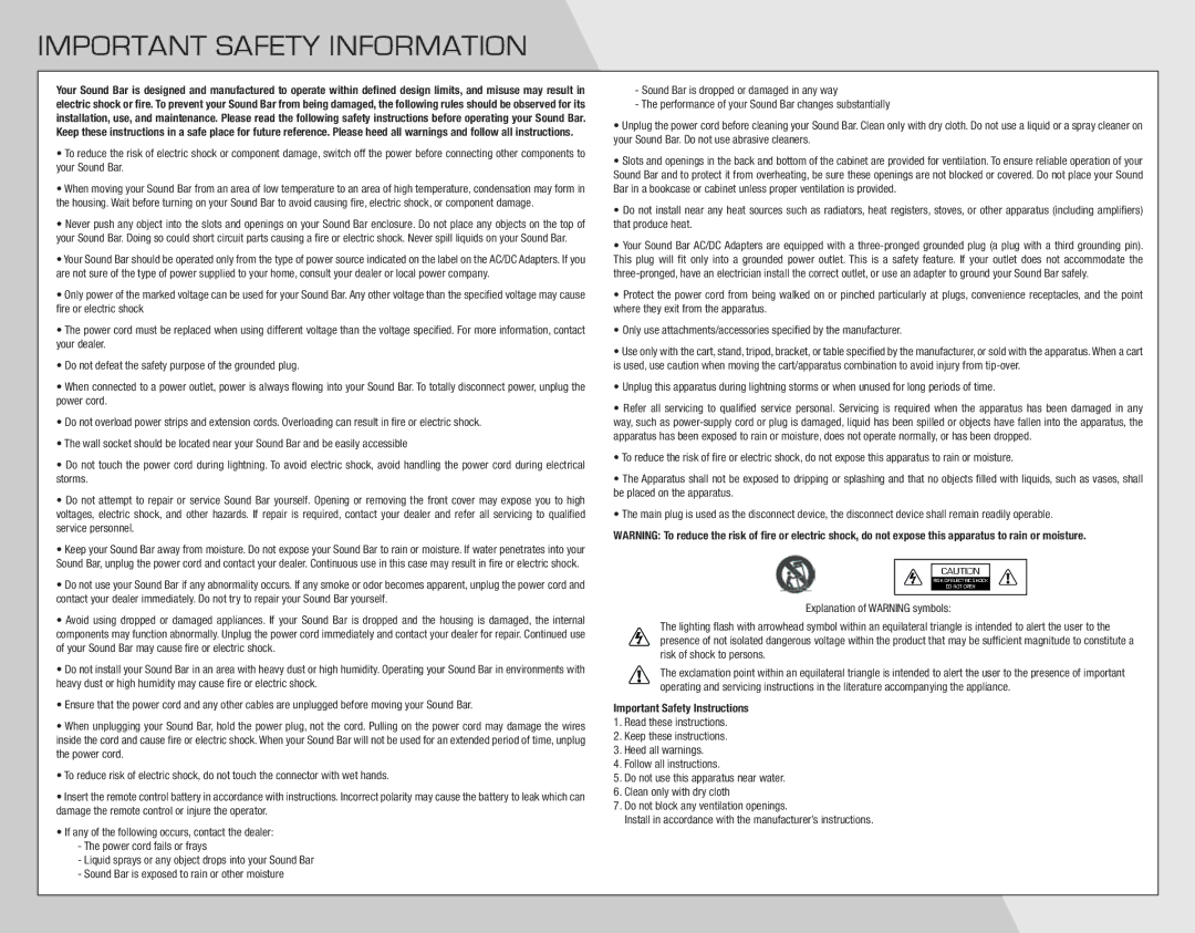 Vizio SB4021E-A0-NA quick start Important Safety Information 