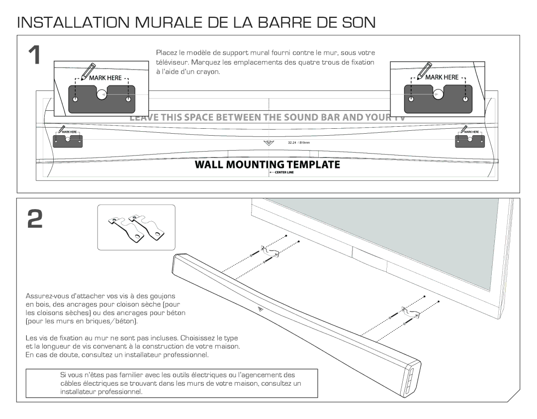 Vizio SB4021E-A0-NA quick start Installation Murale DE LA Barre DE SON 