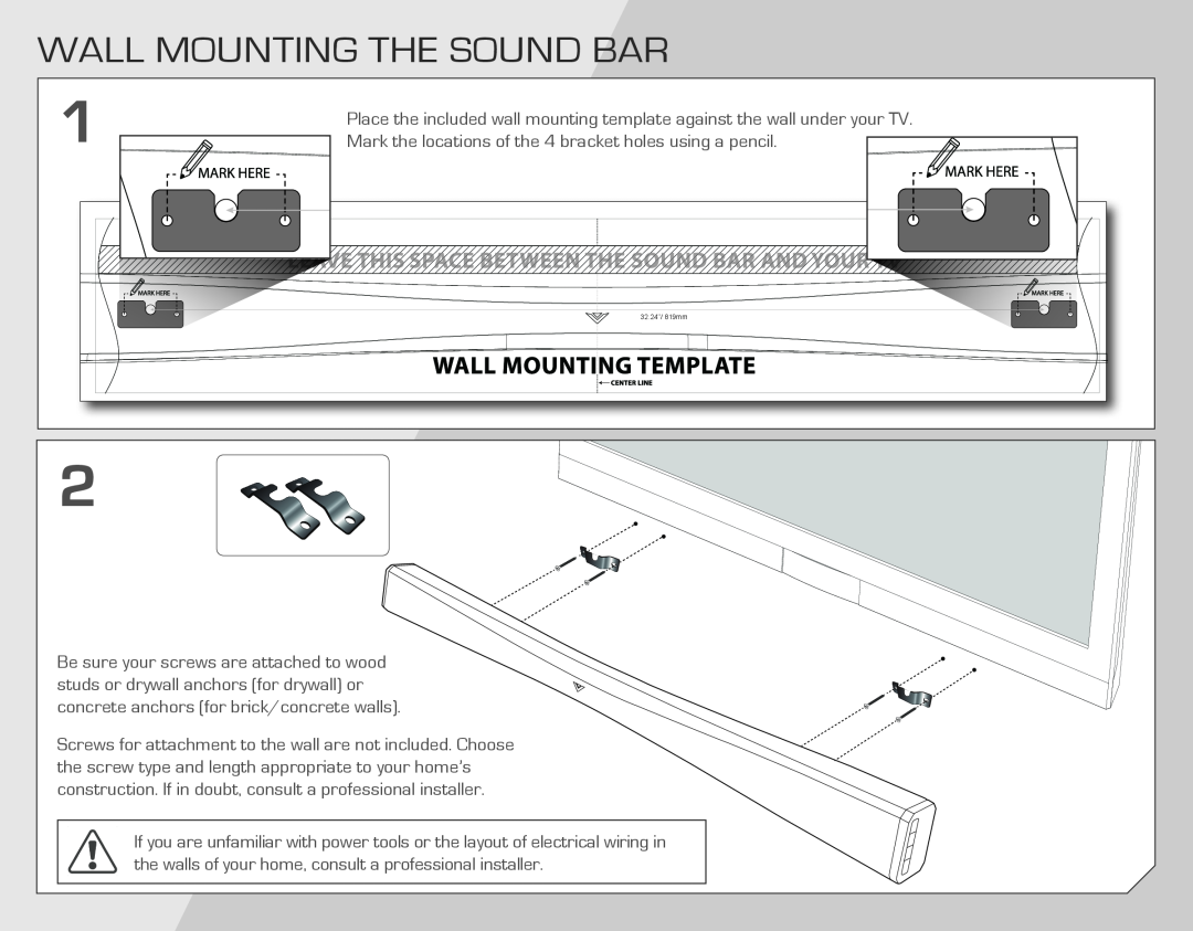 Vizio SB4021E-A0-NA quick start Wall Mounting The Sound Bar, 32.24’’/ 819mm 